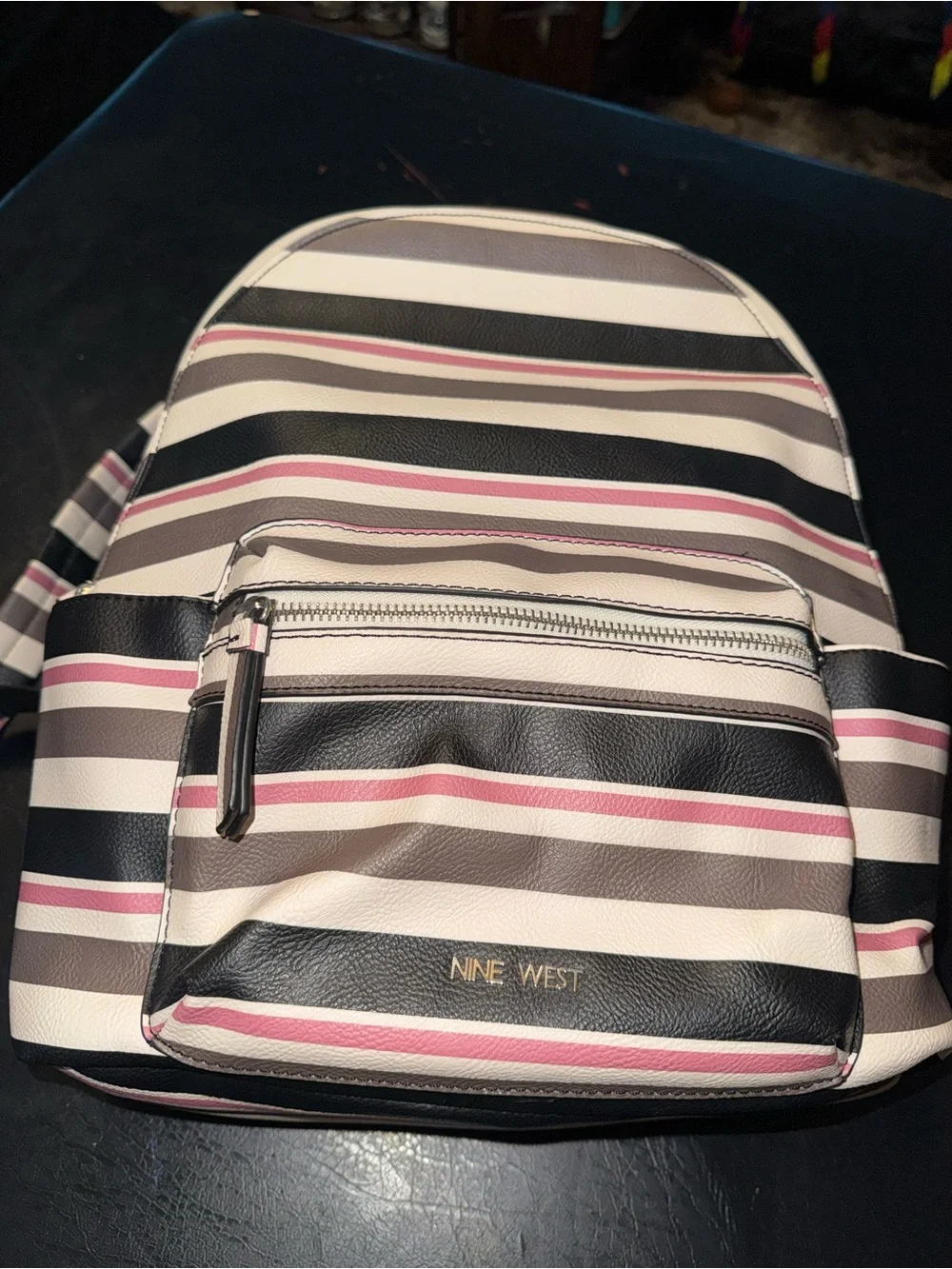 Nine West Striped Leatherette Backpack - Black, White & Pink
